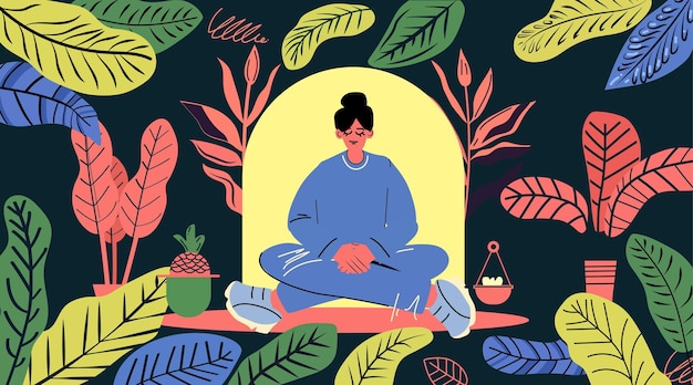 Vector meditating woman surrounded by colorful plants peaceful scene wellness calmness vibrant foliage dark background