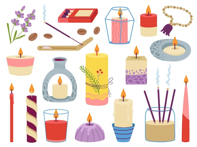 Meditation elements and candles Candle clipart home aromatherapy for relax Aroma stick yoga relaxation tools Cozy lifestyle decent vector collection of candle fire aromatherapy