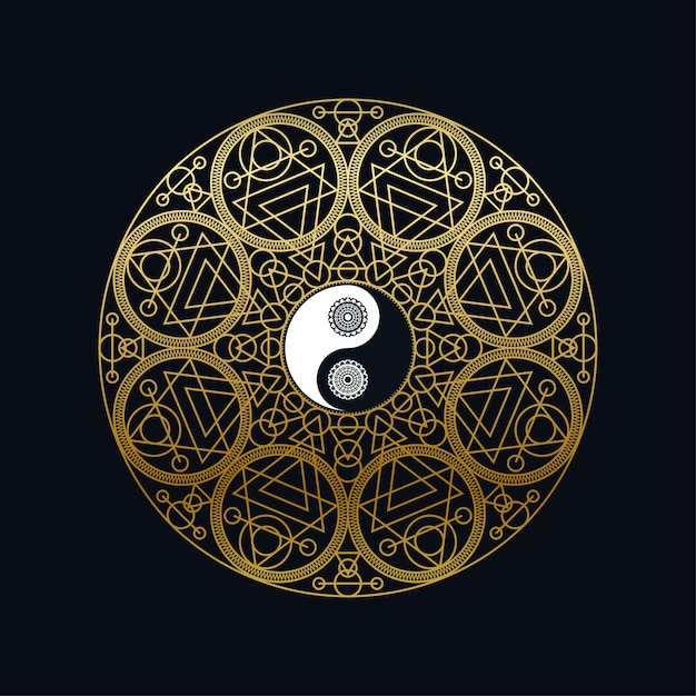 Meditation Icon Template with Golden Yin Yang Sign In Mandala Outline on Black Background Linear Vector Illustration. Traditional Oriental Symbol Design. Asian Culture and Balance Concept