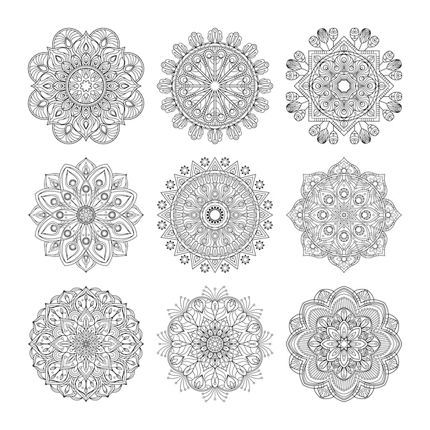 Meditation pattern.  illustration of indian mandalas set isolated. Yoga concept. Collection of mandalas black pattern