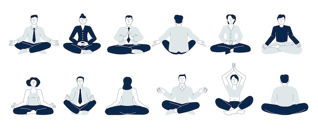 Meditation people Woman balancing take calm on job Business characters sitting on lotus pose Mind health and wellbeing relaxers recent vector set