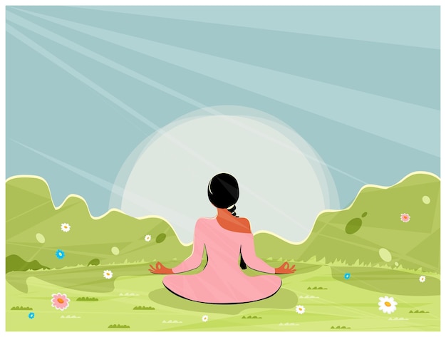 meditation in spring.Good looking woman doing yoga in lotus position.Flower blooming,green glass