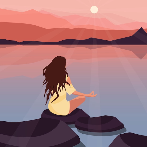 Vector meditation at sunset, a girl and mountains