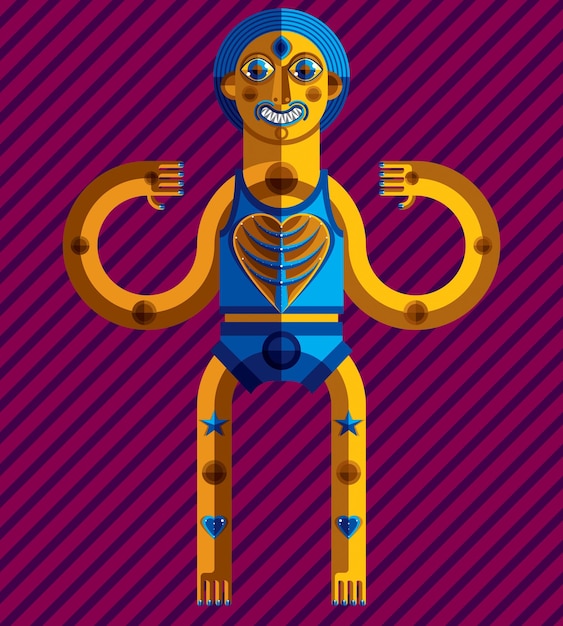 Meditation theme vector illustration, drawing of a creepy creature made in modernistic style. Spiritual idol created in cubism style.