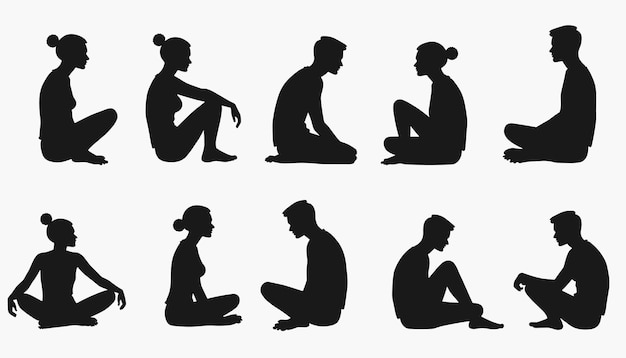 Meditative silhouettes of men and women seated in various yoga poses