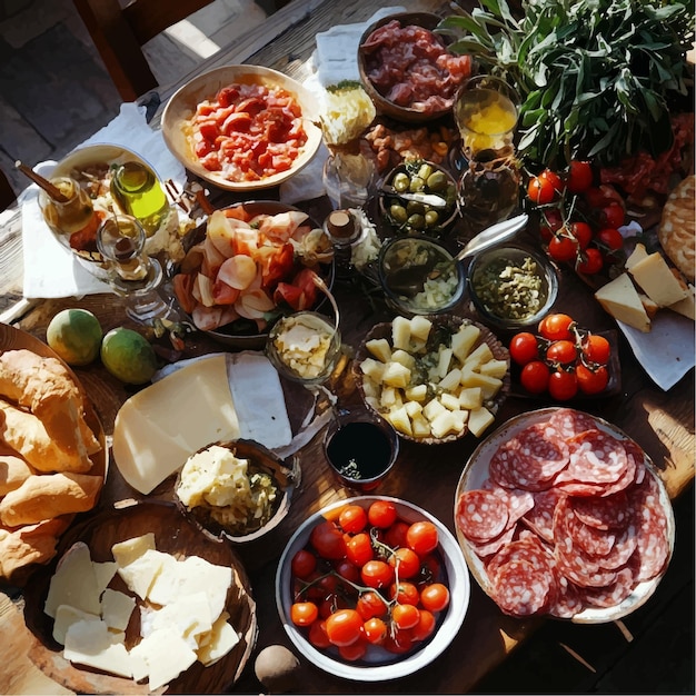 Vector mediterranean feast table with a variety of fresh produce cheeses breads olives cured meats fruit