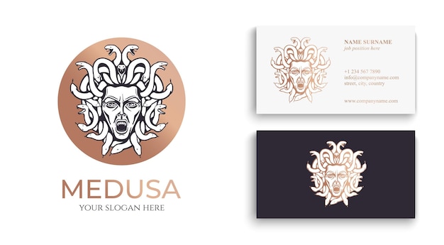 Medusa gorgon logo Head of a woman with snakes Protective amulet Logo for different directions Vector image