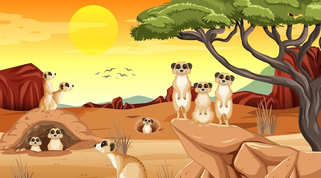 Meerkats in tropical grassland landscape