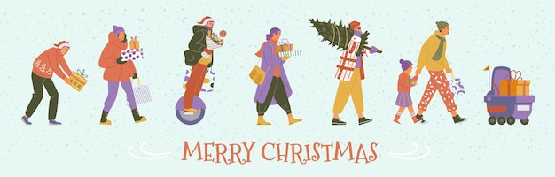 Meery Christmas horizontal vector banner with people in winter clothes walking with gift boxes.