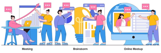 Meeting Brainstorm and Online Meetup with People Characters Illustrations Pack