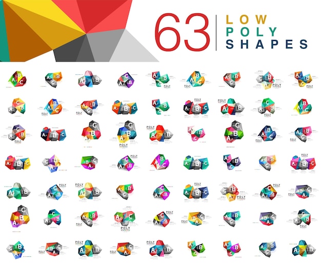 Mega collection of 63 triangle low poly design templates isolated on white