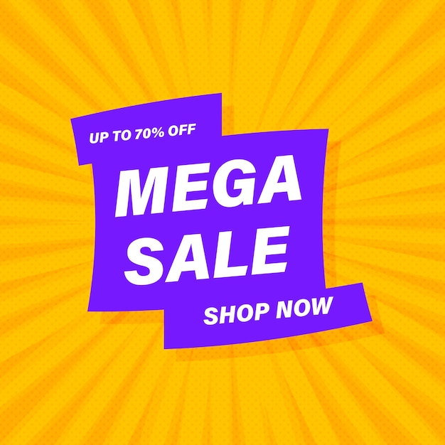 Mega sale banner comic style. Vector illustration. Poster with mega sale text on yellow rays