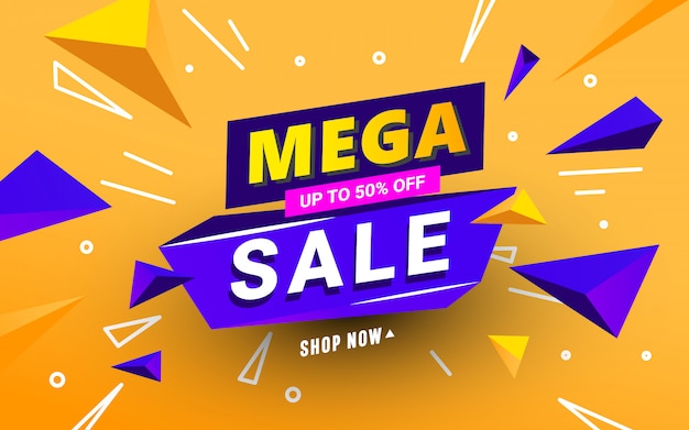 Mega sale banner template with polygonal 3D shapes and text on an orange background 