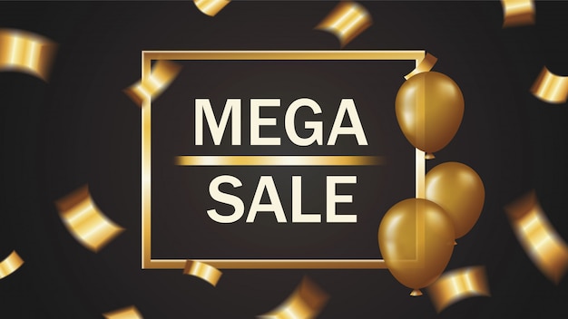 Mega sale banner with falling golden confetti and balloons in gold frame on black background 