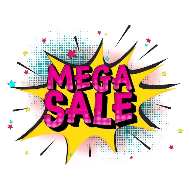 Mega Sale Font Over Comic Starburst With Halftone Effect On White Background.