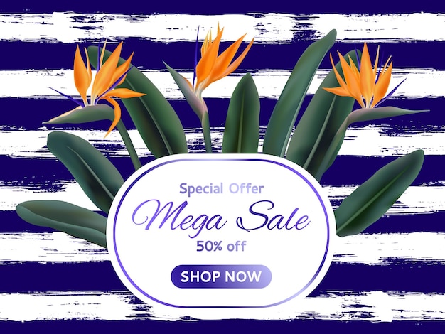 Mega sale garden tropical plants vector tag Discount banner layout graphic design with strelitzia