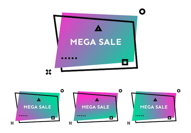 Mega Sale. Set of four multicolor geometric trendy banners.  Modern gradient shape with promotion text. Vector illustration.