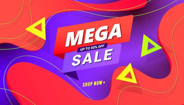 Mega sale shopping day banner background with polygonal speed gradient shapes on color background