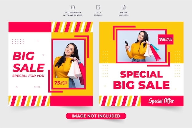 Mega sale social media post template with yellow and red colors Shop promotion and sale discount web banner design for marketing Fashion sale advertisement poster design with photo placeholders