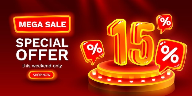 Mega sale special offer Neon 15 off sale banner Sign board promotion Vector