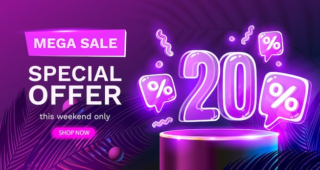 Mega sale special offer Neon 20 off sale banner Sign board promotion Vector illustration