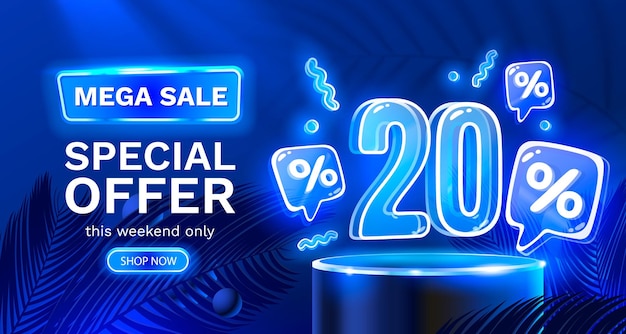 Mega sale special offer Neon 20 off sale banner Sign board promotion Vector