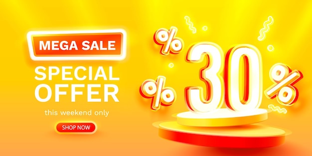 Mega sale special offer Neon 30 off sale banner Sign board promotion Vector