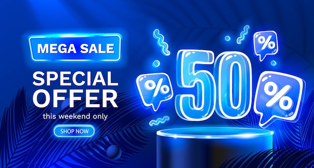 Mega sale special offer Neon 50 off sale banner Sign board promotion Vector