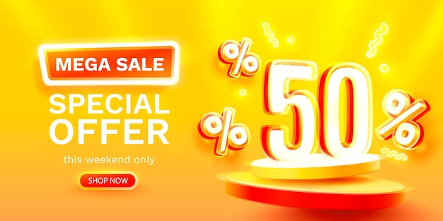 Mega sale special offer Neon 50 off sale banner Sign board promotion Vector