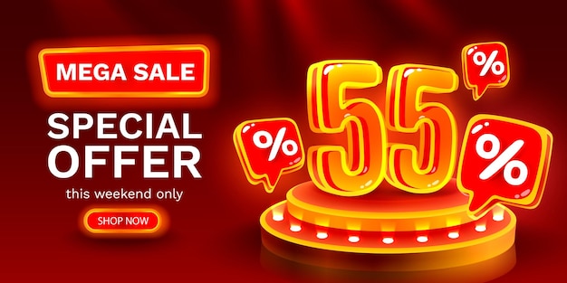 Mega sale special offer Neon 55 off sale banner Sign board promotion Vector