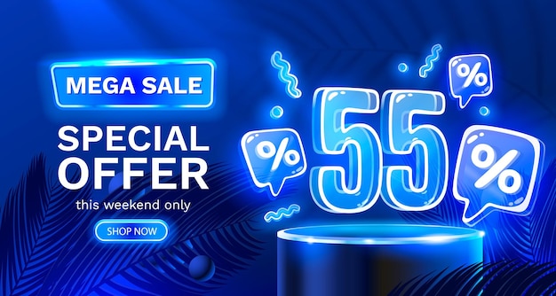 Mega sale special offer Neon 55 off sale banner Sign board promotion Vector