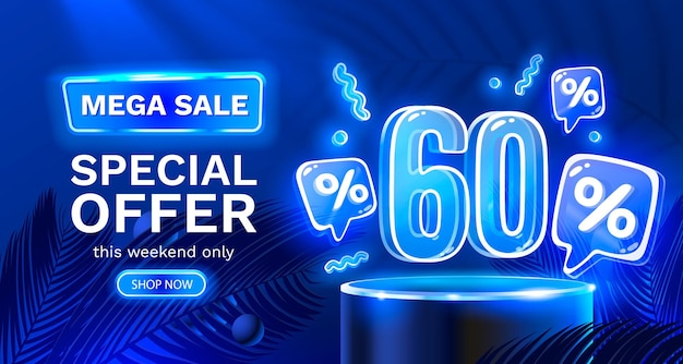 Mega sale special offer Neon 60 off sale banner Sign board promotion Vector