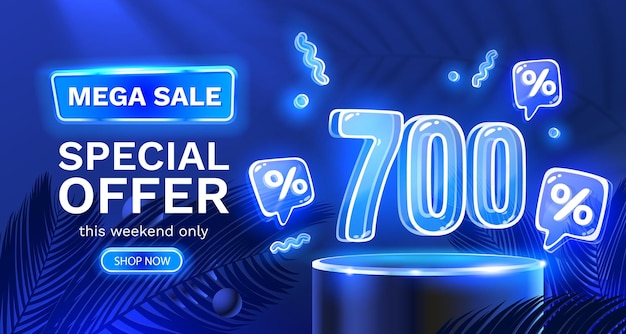 Mega sale special offer Neon 700 off sale banner Sign board promotion Vector illustration