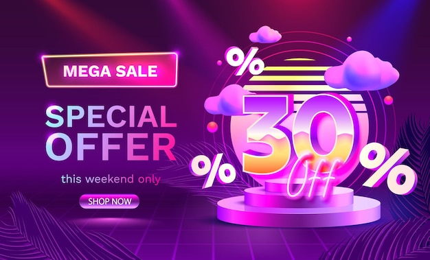 Mega sale special offer Neon retro way 30 off sale banner Sign board promotion Vector illustration