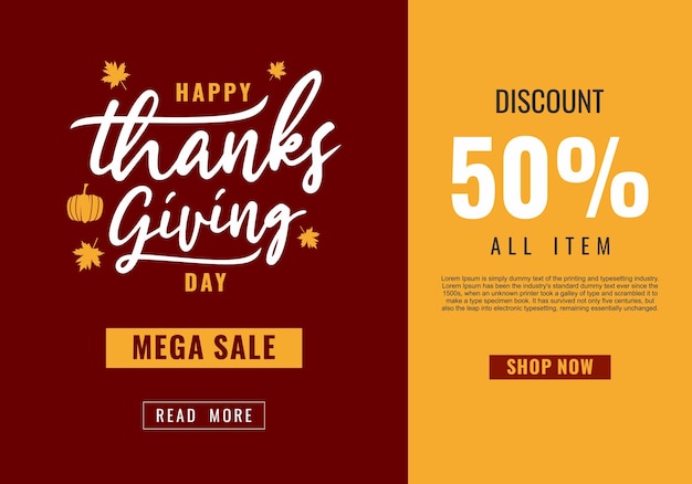 Mega sale Up To 50 off with maple leaves and pumpkins Thanksgiving festival concept for your product image Vector illustration for social media promotional content