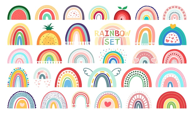 Mega set Boho rainbows isolated on white background In cute delicate pastel colors