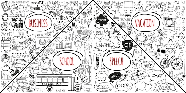 MEGA set of doodles. Super collection of banners, arrows, back to school, romantic love, business and finance, vacation, social media, healthcare and shopping elements. Creative infographic pictograms