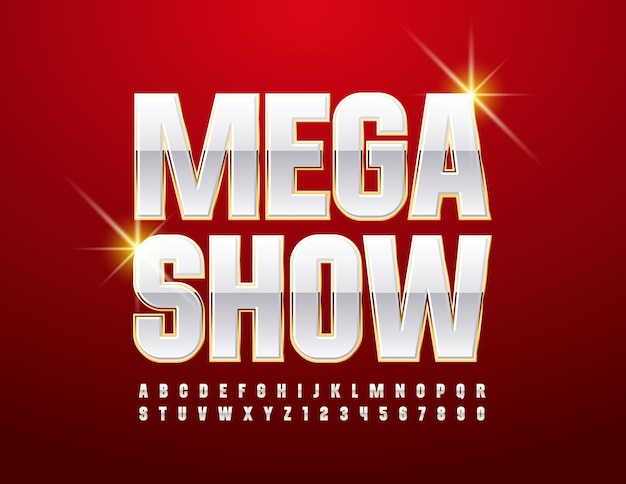 Mega Show. Chic Glossy Font. White and Gold Alphabet Letters and Numbers set