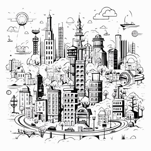 Vector megalopolis big city life contour line art illustration