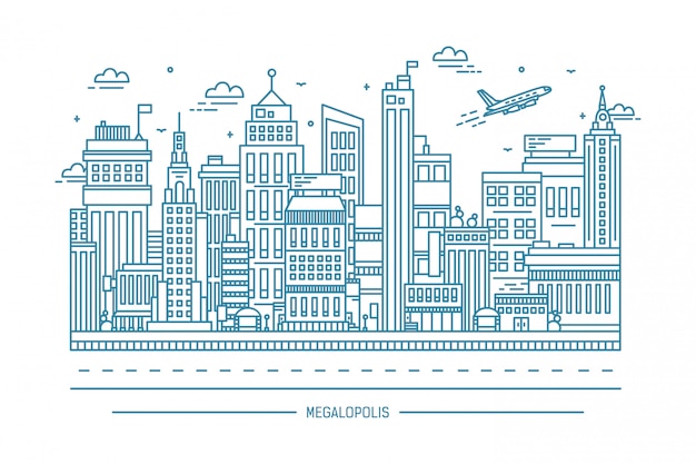 megalopolis, big city life, contour line art illustration