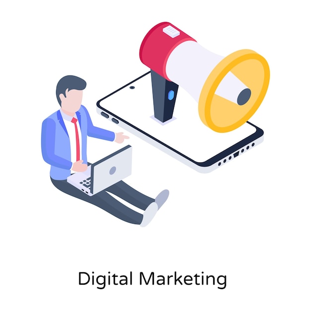 Megaphone inside mobile isometric icon of digital marketing