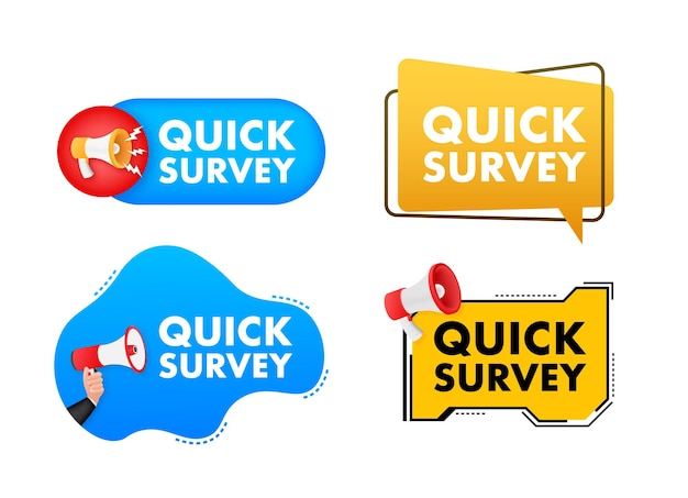 Megaphone label set with text quick survey Megaphone in hand promotion banner Marketing