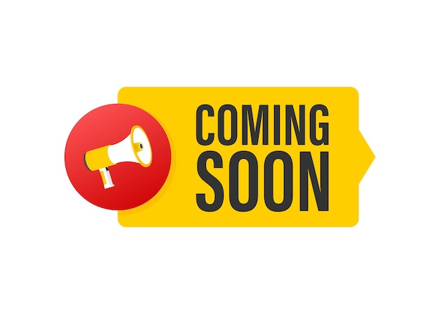 Megaphone label with coming soon. Neon style. Megaphone banner. Web design. Vector stock illustration.