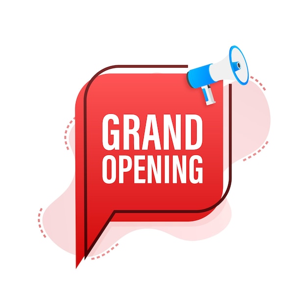 Megaphone label with grand opening. Megaphone banner. Web design. Vector stock illustration.