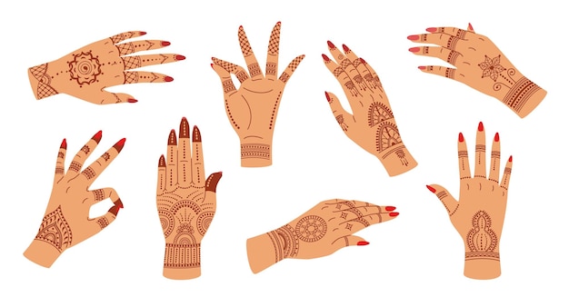 Mehndi ceremony hands Elegant woman hand with Indian patterns henna tattoo Hand gestures with floral ornaments vector illustration set