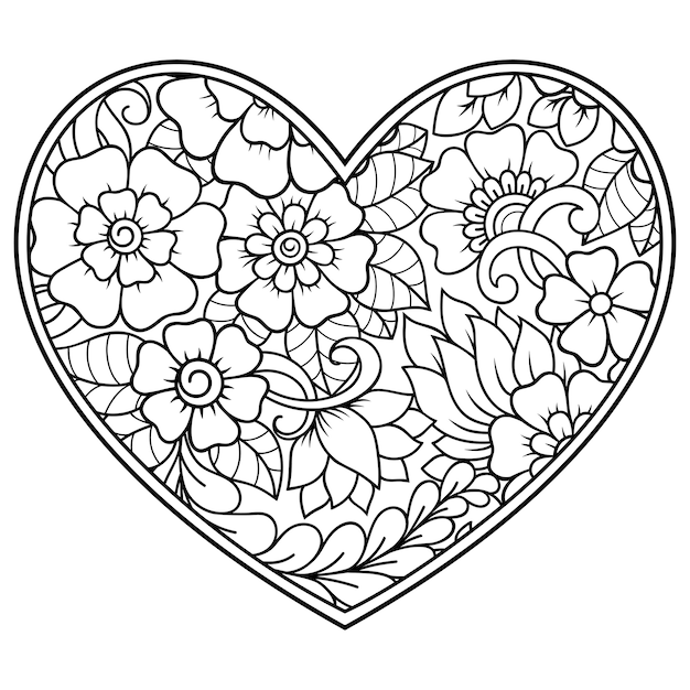 Mehndi flower pattern in form of heart . Decoration in ethnic oriental, Indian style. Coloring book page.