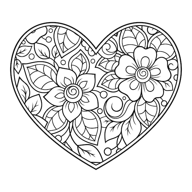 Mehndi flower pattern in form of heart for Henna drawing and tattoo Decoration in ethnic oriental Indian style Valentine's day greetings Coloring book page