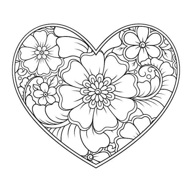 Mehndi flower pattern in form of heart for Henna drawing and tattoo Decoration in ethnic oriental Indian style Valentine's day greetings Coloring book page