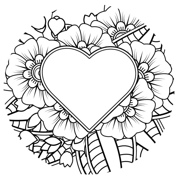 Mehndi flower with frame in shape of heart decoration in ethnic oriental doodle ornament