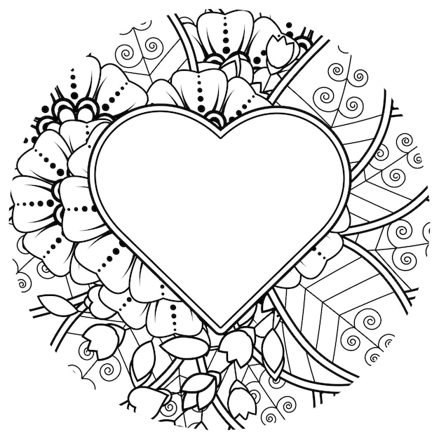 Mehndi flower with frame in shape of heart decoration in ethnic oriental doodle ornament